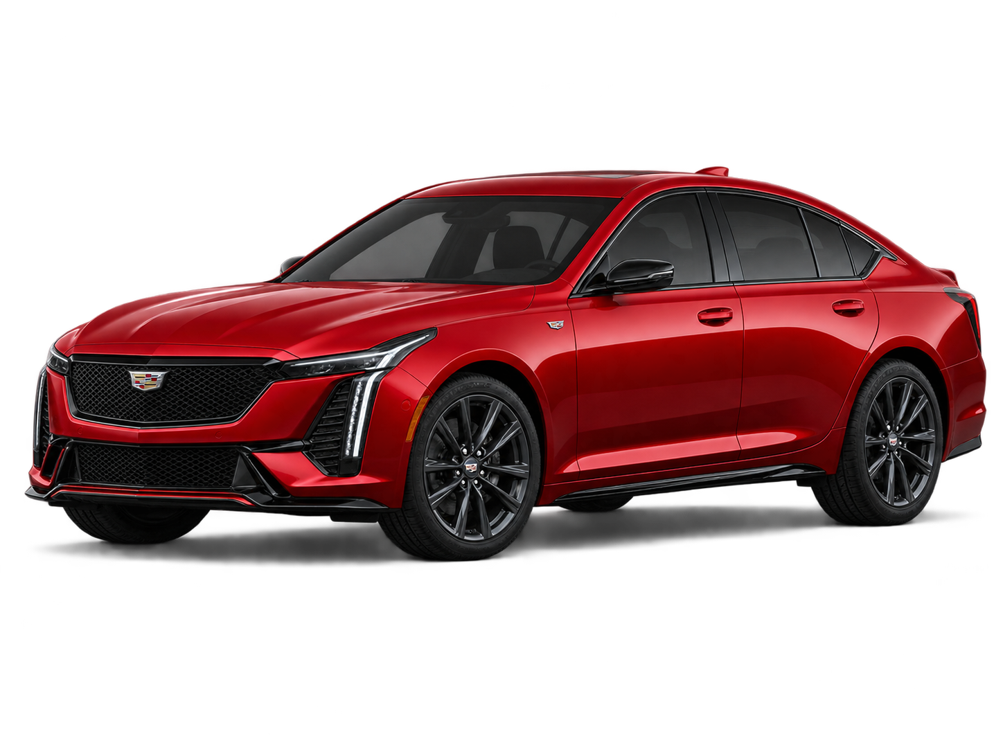 Cadillac CT5 in metallic red, front three-quarter view
