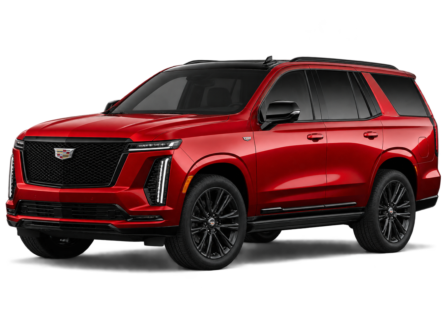 Cadillac Escalade in metallic red, front three-quarter view