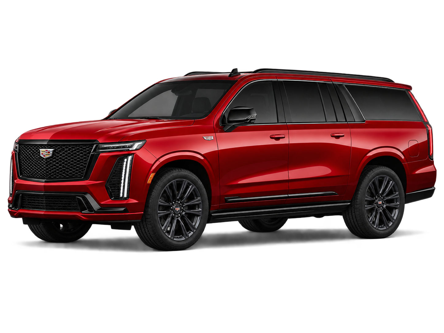 Cadillac Escalade ESV in metallic red, front three-quarter view