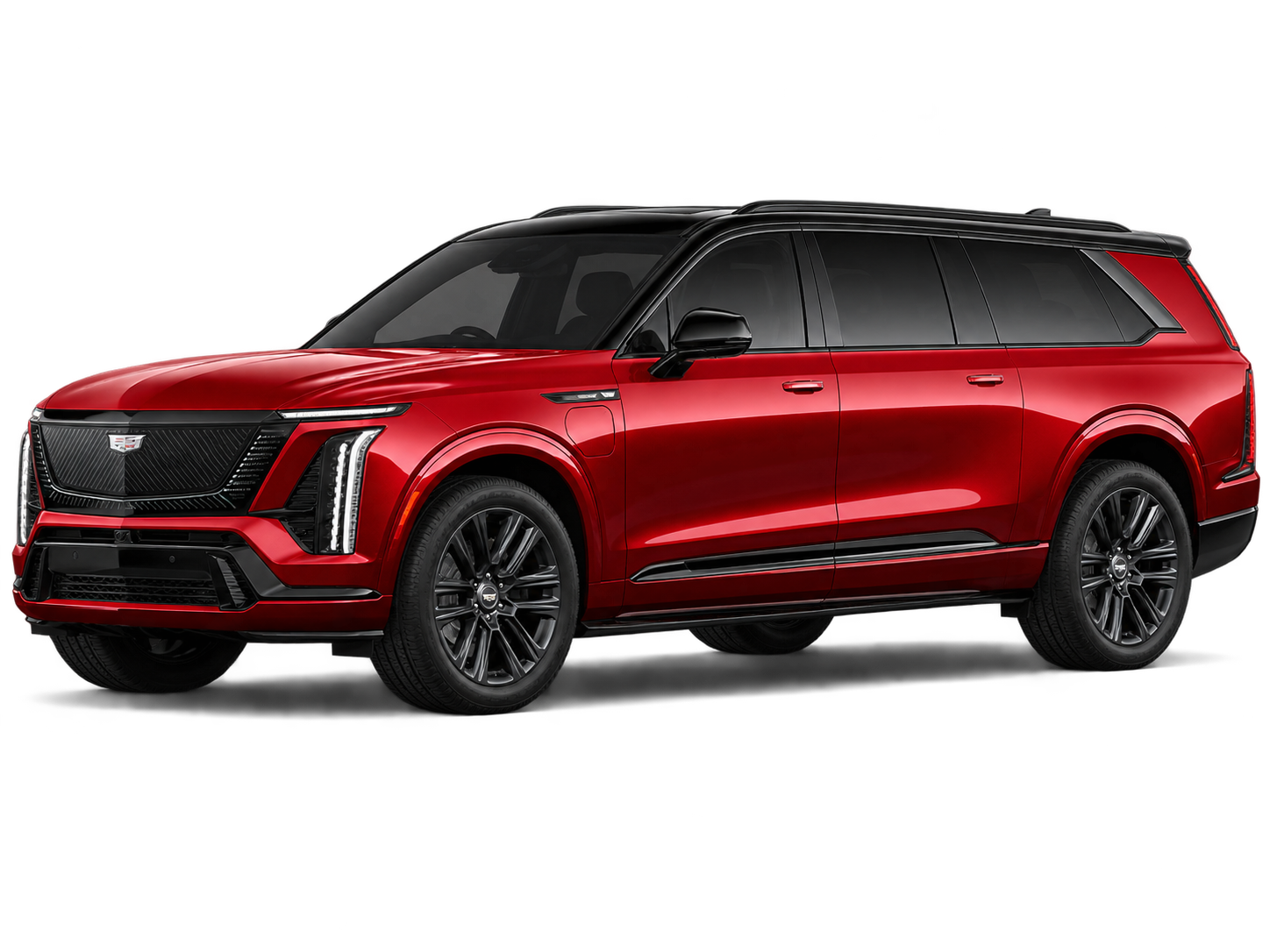 Cadillac Escalade IQL in metallic red, front three-quarter view