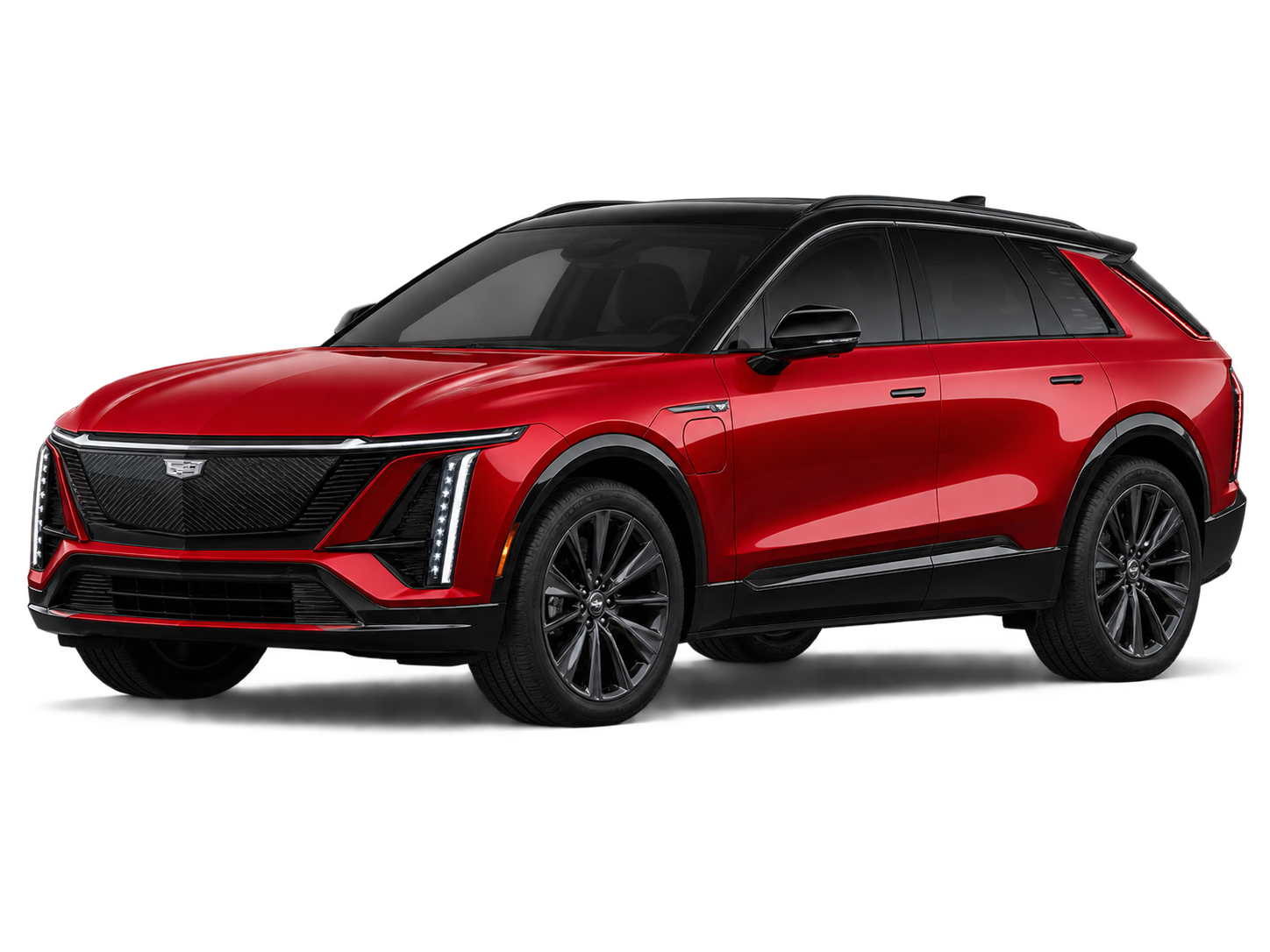 Cadillac LYRIQ in metallic red, front three-quarter view