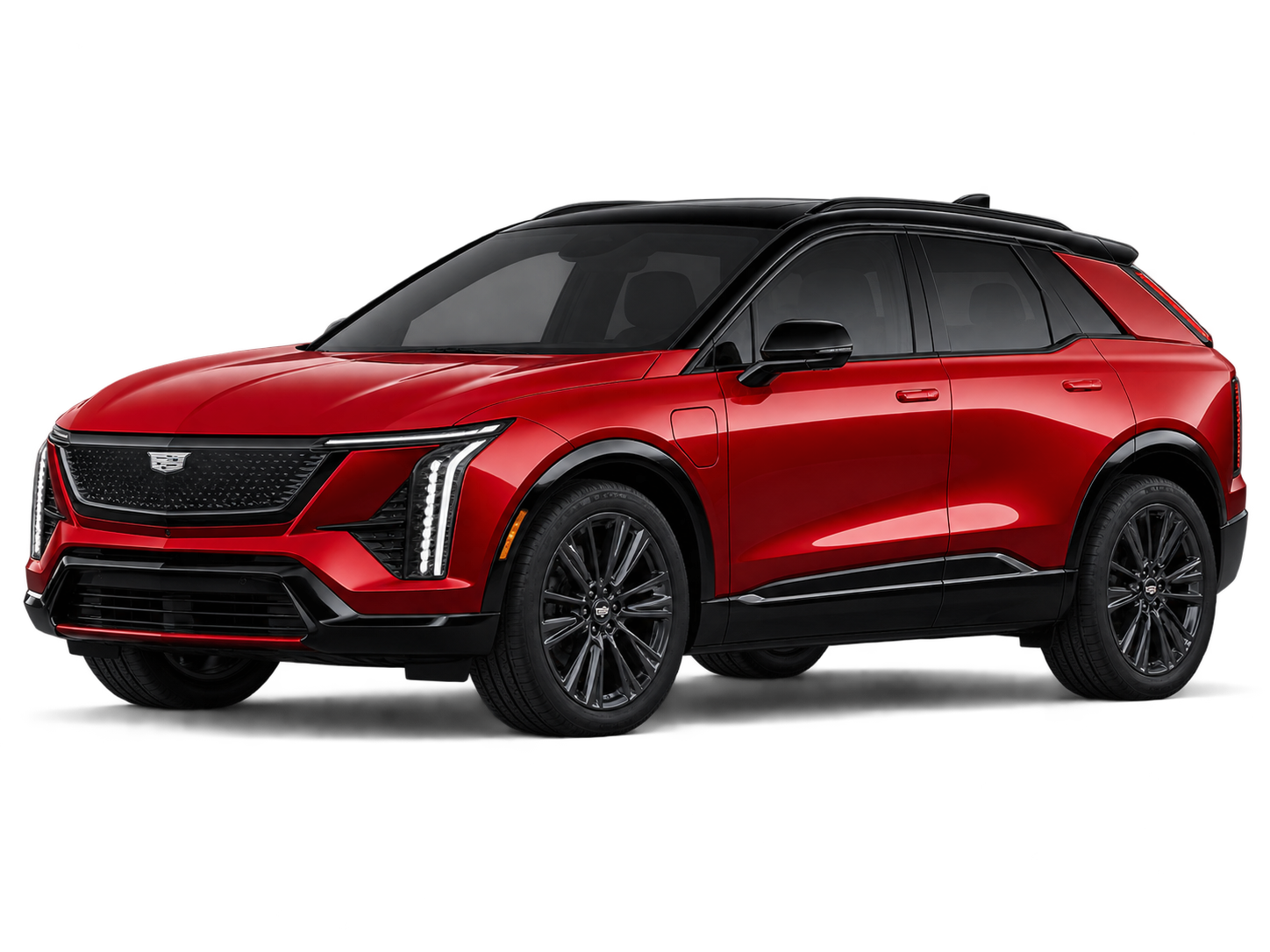Cadillac OPTIQ in metallic red, front three-quarter view